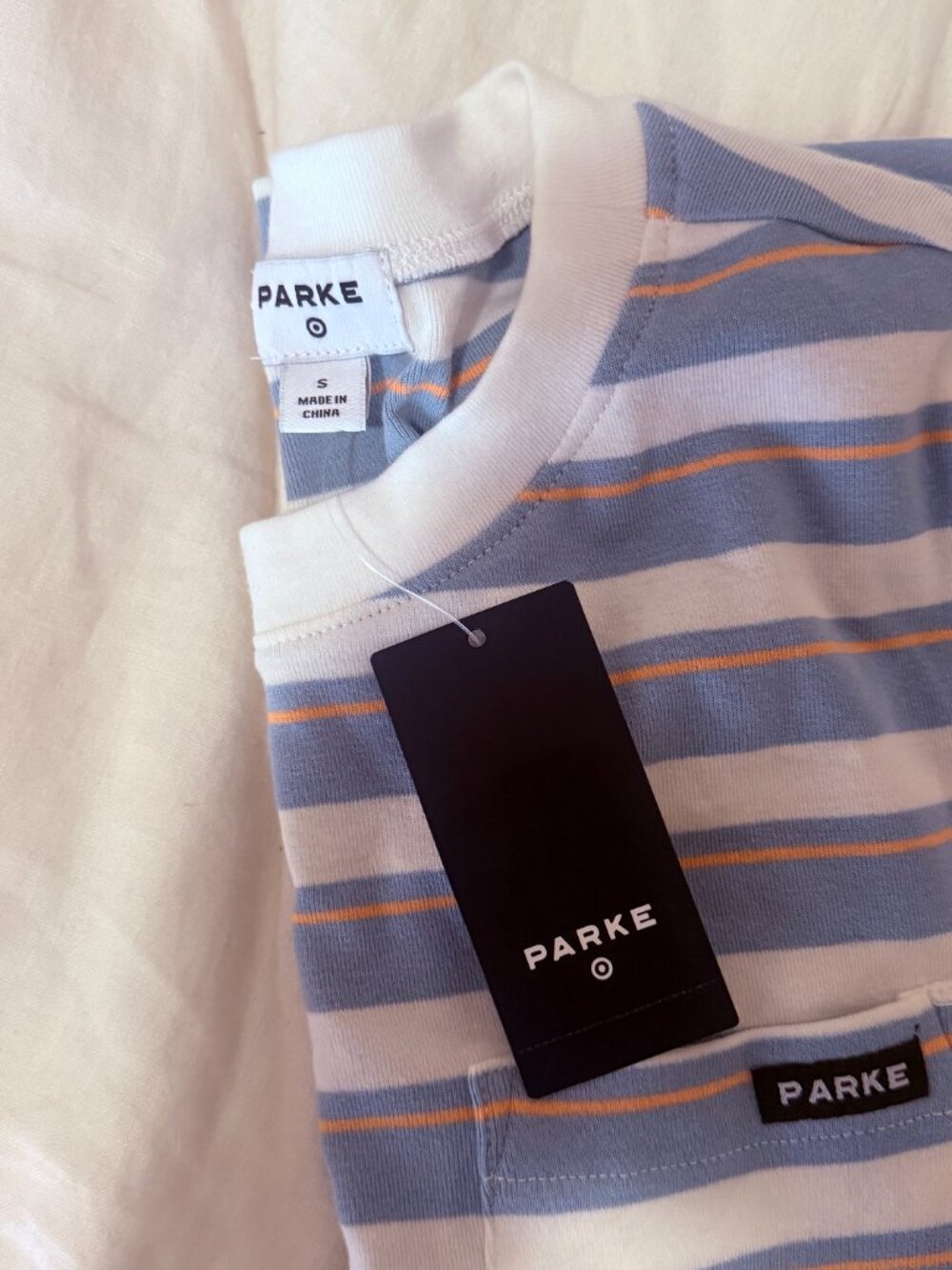 Parke x Target | Blue/Orange Stripe Short Sleeve Crewneck Pocket T-Shirt | Small - Picture 3 of 3